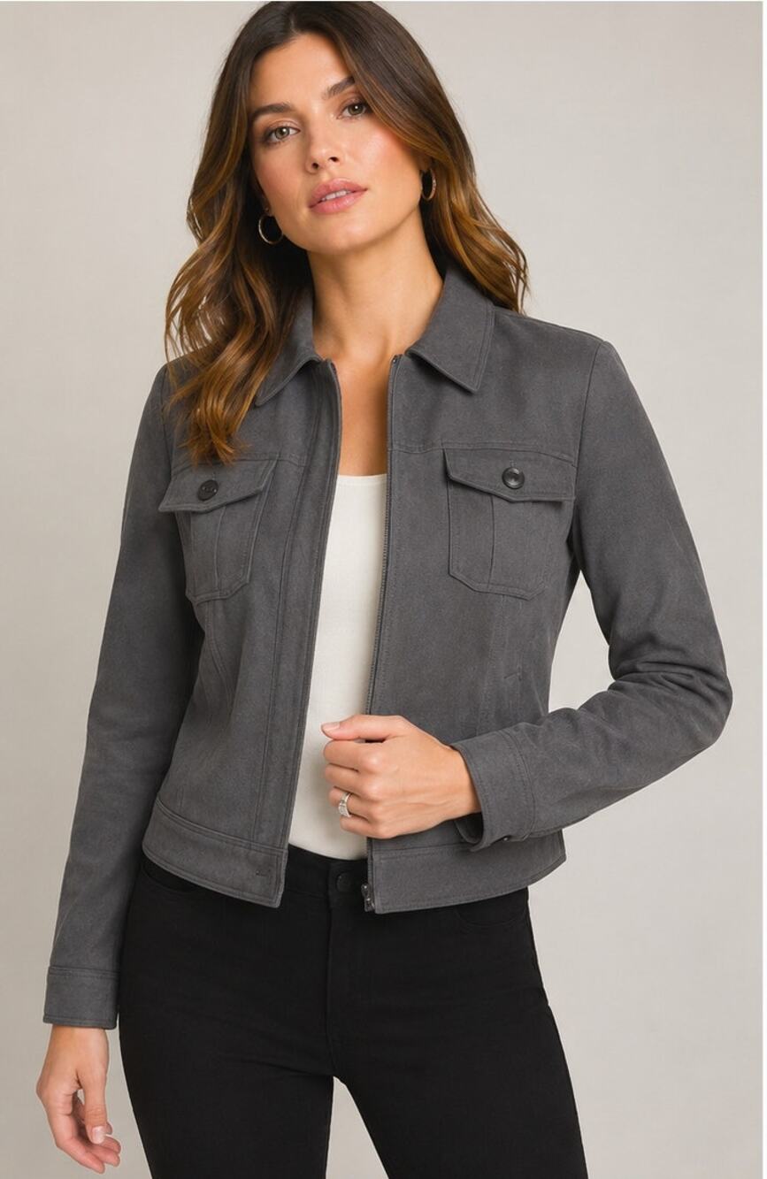WHBM Moonwalk Gray Faux Suede Zip Front Utility Jacket Grey Size 10 🩶🌙🩶